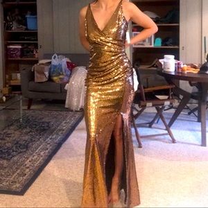 DRESS THE POPULATION Gold Sequin Gown
